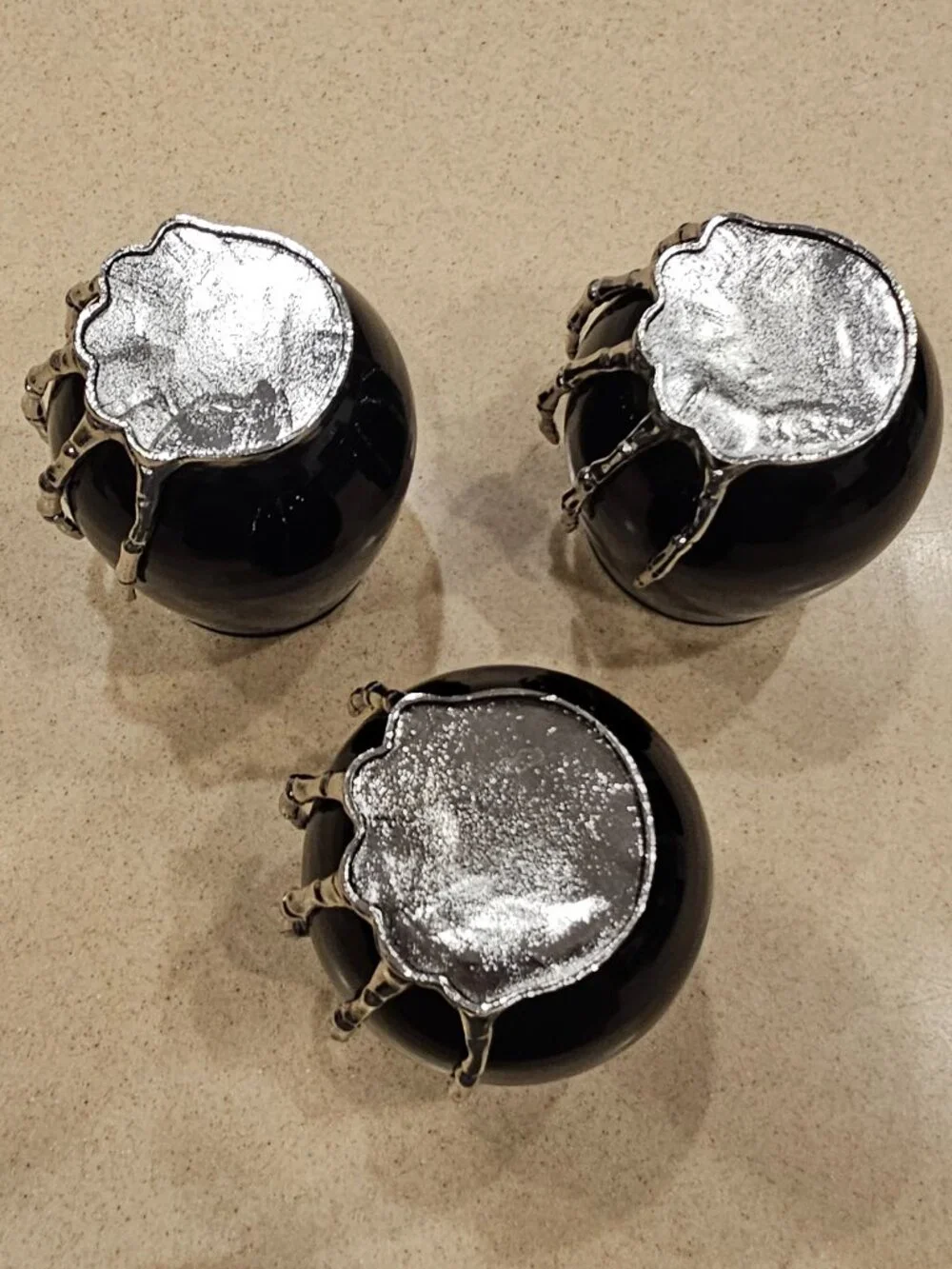 3 SPOOKY METAL SKULL SKELETON HAND BLACK STEMLESS WINE WATER BAR GLASS GOBLET